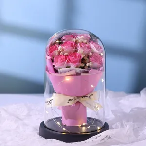 Valentine day eternal rose flower glass dome with led lights romantic gift for girlfriend