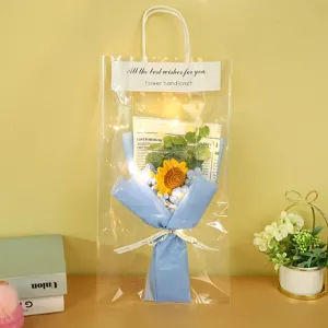 Handmade crochet sunflower bouquet gift in clear bag with lights, perfect for Valentine's Day.
