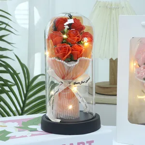 Preserved rose soap flower bouquet night light acrylic dome romantic gift for valentine day.