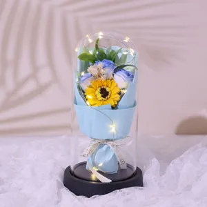 Glass dome soap flower ornament with LED lights, romantic gift for Valentine's Day birthday.
