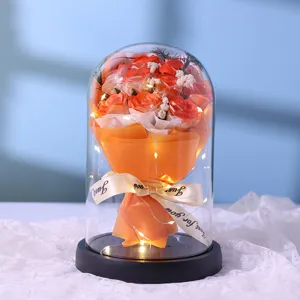 Preserved rose flower bouquet inside clear glass dome with led lights valentine gift