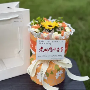 Handmade crochet sunflower bouquet gift box and bag, exquisite romantic craft decor detail.