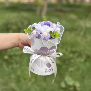 Handmade crochet flower bouquet in gift box with ribbon, perfect romantic gift for Valentine.