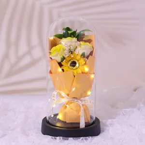 Glass dome eternal rose sunflower bouquet LED light gift for Valentine's Day birthday.