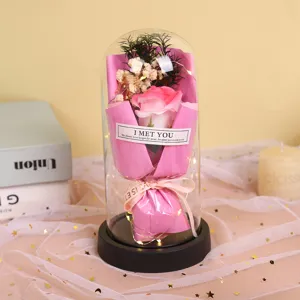 Glass Dome Preserved Rose Soap Flower with LED Light Romantic Valentine Gift Home