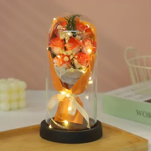 Eternal soap rose flower bouquet in glass dome with led fairy lights for romantic gifts.