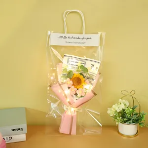 Handmade knitted sunflower bouquet in clear gift bag with LED fairy lights gift decor