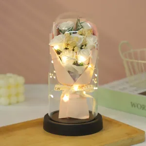 LED glass dome rose soap flower bouquet gift for Valentine's Day birthday romantic decor
