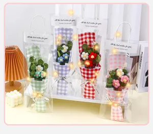 Handmade knitted wool flower bouquet gift bag with fairy lights for Valentine day