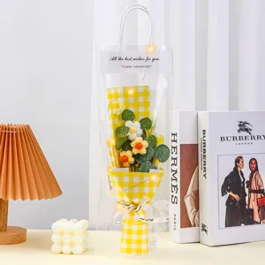 Handmade crochet flower bouquet gift with transparent gift bag and LED lights for romantic holidays