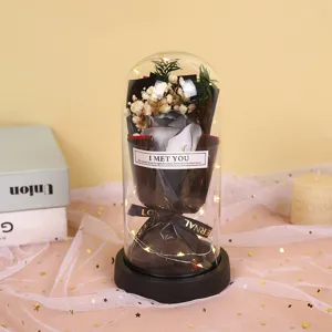 Glass Dome Preserved Rose Soap Flower Bouquet LED Light Romantic Valentine Gift Box