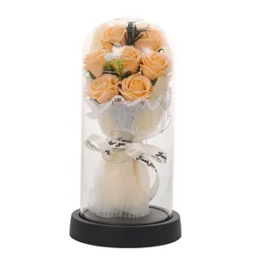 Preserved soap rose bouquet in clear dome with LED lights romantic gift for Valentine