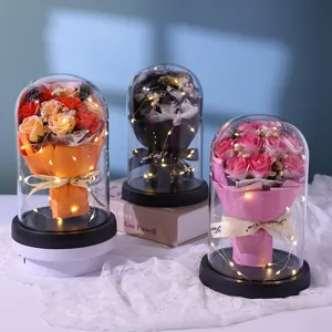 Valentine Day Preserved Soap Rose Flower Bouquet Glass Cover With LED String Lights Romantic Gift Home Decor