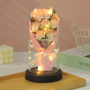 Glass dome eternal rose flower artificial bouquet with LED lights for romantic gift.
