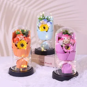 Glass dome LED soap flower bouquet detail view, beautiful night light decoration for romantic gifts.
