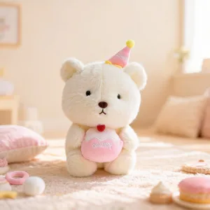 Cute 8-inch white plush bear doll holding a sweet pink cake, soft stuffed toy gift for kids.