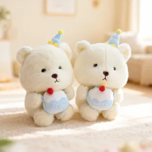 Cute white plush bear doll holding a sweet cake, soft toy gift, 8 inch claw machine plushie.