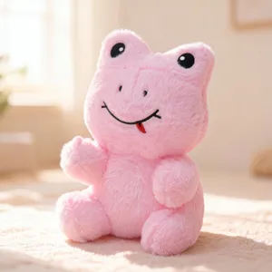 Bonito peluche de rana rosa vista detallada, animal de peluche suave decorativo.