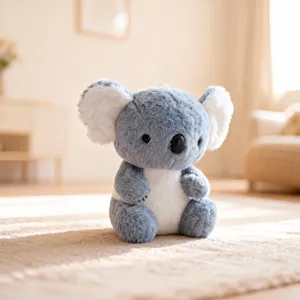 Cute plush koala toy close-up view showing soft grey and white fabric details in cozy room.