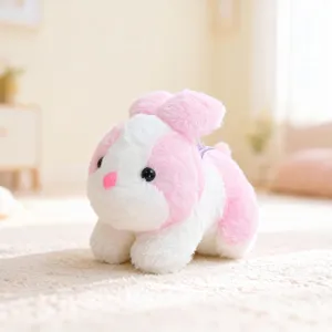 Detailed view of the cute pink and white plush rabbit doll, featuring soft fabric and fluffy design.