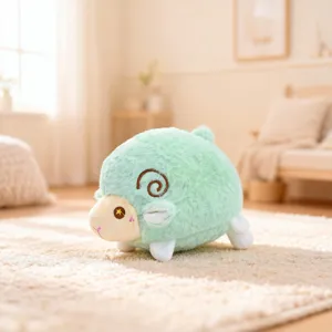 Detailed close-up of the cute green sheep plush toy sitting cozy on soft carpet indoors.