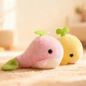 Cute cartoon whale plush toy detail, soft fluffy fabric, cute green sprout top, cozy decor.