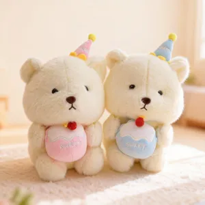 Cute 8-inch plush bear toy with cake and party hat, soft stuffed animal doll gift.