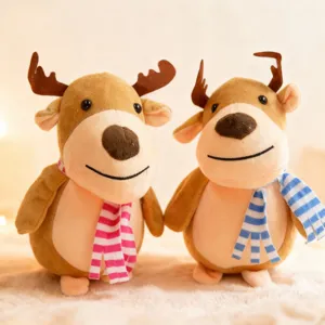 Close up view of cute plush reindeer toys featuring soft fabric and lovely striped scarves.