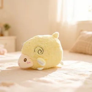 Yellow sheep plush toy detail, soft stuffed animal doll with zipper and cute embroidery design.