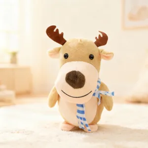 Cute Christmas deer plush toy with blue striped scarf, soft stuffed animal doll for gifts.