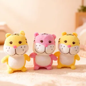 Close up of cute plush tiger dolls set, soft toy details, lovely animal toys for kids gift decor