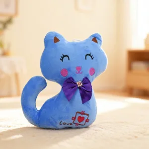 Cute blue cat plush toy doll with purple bow, soft stuffed animal for kids and home decor.
