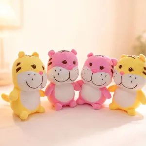 Cute cartoon tiger plush toy detail view, soft and cuddly stuffed animal doll for kids.