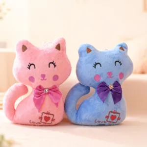 Cute cartoon cat plush toy pair, soft stuffed animal doll with bow tie, perfect gift for kids.
