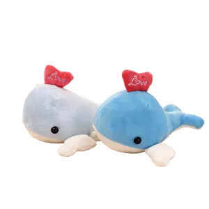 Cute plush whale toys with red love hearts, soft stuffed animal doll gift for kids.