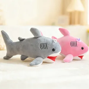 Soft cartoon shark plush toy with suction cup, cute stuffed animal doll for kids gift.