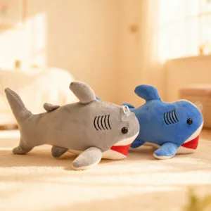 Soft plush shark toy with suction cup, cute stuffed animal doll for kids and home decor.