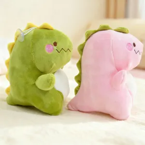 Soft plush dinosaur toy detail, cute green and pink stuffed animal dolls with suction cup.