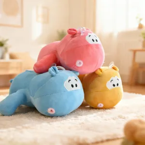 Cute soft plush hippo toy with suction cup, stretchy stuffed doll for kids and home decor.