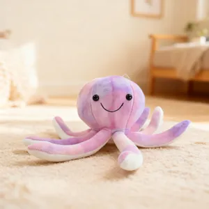 Süßes Plüschtier Oktopus mit weichen Armen und lächelndem Gesicht, gemütliche Zimmeransicht.