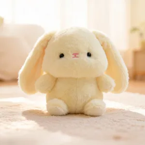 Close up view of the adorable yellow plush rabbit toy with soft fur and friendly sweet expression.