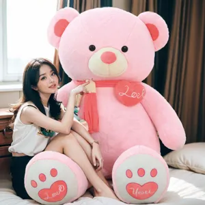 Giant pink teddy bear plush toy with heart and cute paw embroidery for girlfriend birthday gift.