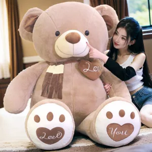 Giant teddy bear plush toy with scarf, soft huggable stuffed animal gift for girlfriend.
