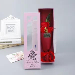 Soap flower bouquet gift box featuring three red roses in a pink window box for romantic gift details.