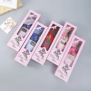 Detailed view of romantic 3-rose soap flower gift boxes in elegant pink packaging for Valentine.