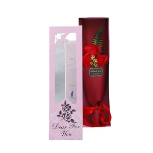 Valentine gift 3 red roses soap flower bouquet in pink presentation box for romantic occasions.
