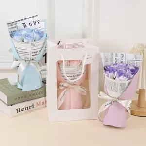 Valentine Day Soap Rose Flower Bouquet With String Lights Window Gift Bag Artificial Flower Gift For Girlfriend Women