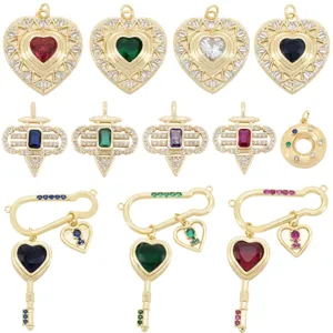 DIY Jewelry Accessories 18K Gold Plated Copper Heart Pendant Micro Zirconia Inlaid Key Charms For Necklace Bracelet Making Finding Components