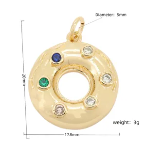 Gold plated donut pendant with colorful zirconia stones, detailed size specifications show.