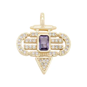 Gold-plated micro-pave cubic zirconia pendant with central purple stone detail for DIY jewelry making